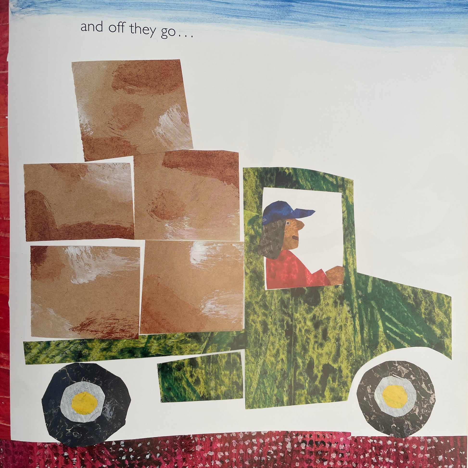 Collage of a truck with a person inside, on a textured paper background.